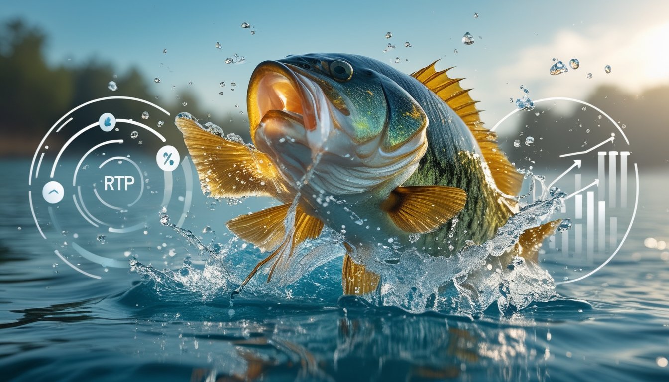 Ikan bass besar menyembur air di danau yang jernih dengan latar belakang alam dan elemen grafik abstrak yang menggambarkan analisis fitur permainan.