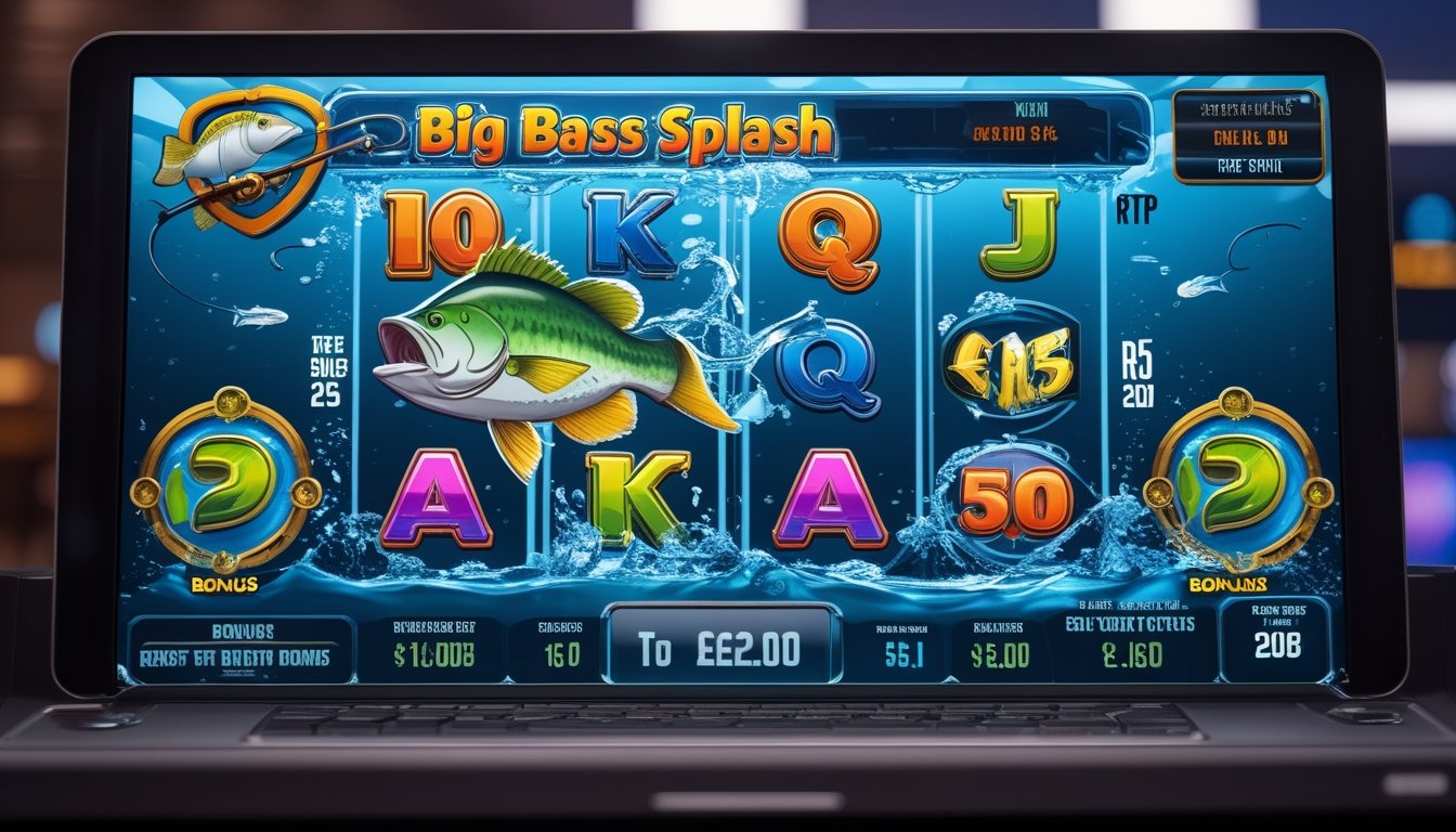Layar mesin slot digital dengan tema memancing menampilkan ikan bass besar dan simbol air, memperlihatkan fitur permainan seperti putaran bonus dan putaran gratis.