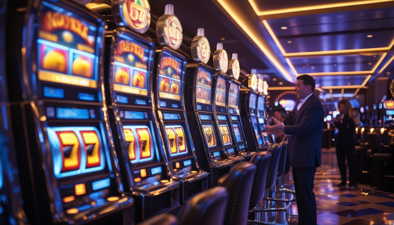Beberapa mesin slot yang menyala di dalam kasino dengan beberapa pemain yang sedang bermain dan suasana yang hidup.
