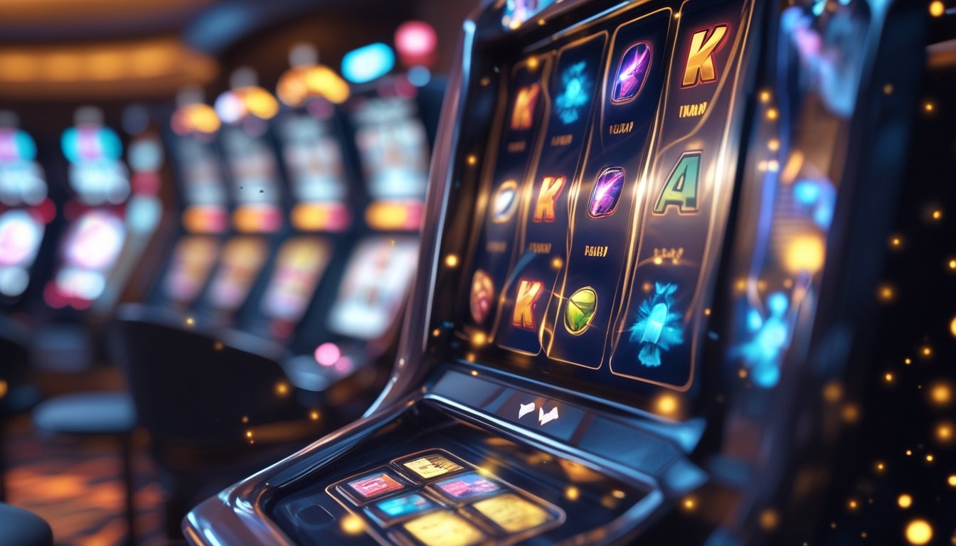 Layar mesin slot modern dengan simbol wild dan scatter yang berwarna-warni, dikelilingi oleh efek cahaya dan partikel berkilau di dalam lingkungan kasino yang ramai.