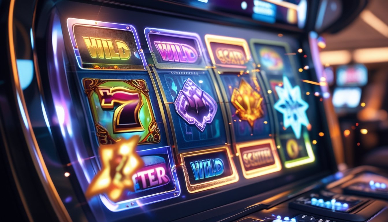 Antarmuka mesin slot digital dengan simbol Wild dan Scatter yang berwarna-warni, di latar belakang suasana kasino modern yang terang dan dinamis.