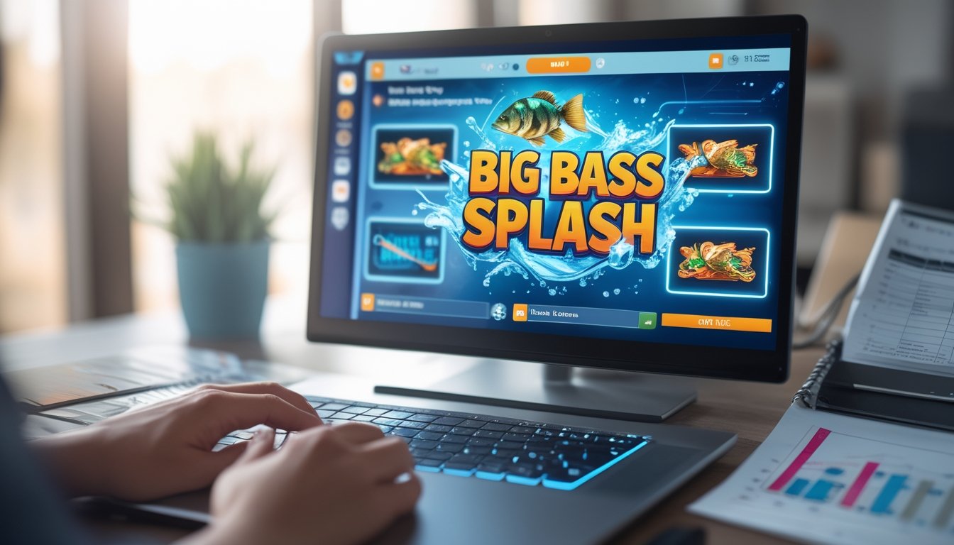 Sebuah meja dengan komputer yang menampilkan permainan slot bertema ikan besar, dikelilingi catatan dan panduan strategi bermain.