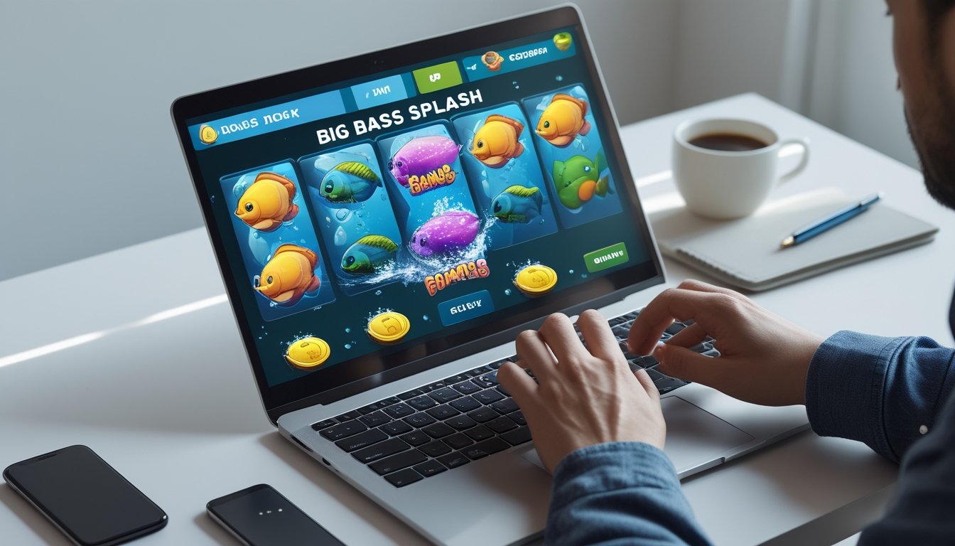 Seseorang sedang bermain permainan slot Big Bass Splash di laptop dengan fokus di meja kerja yang rapi.
