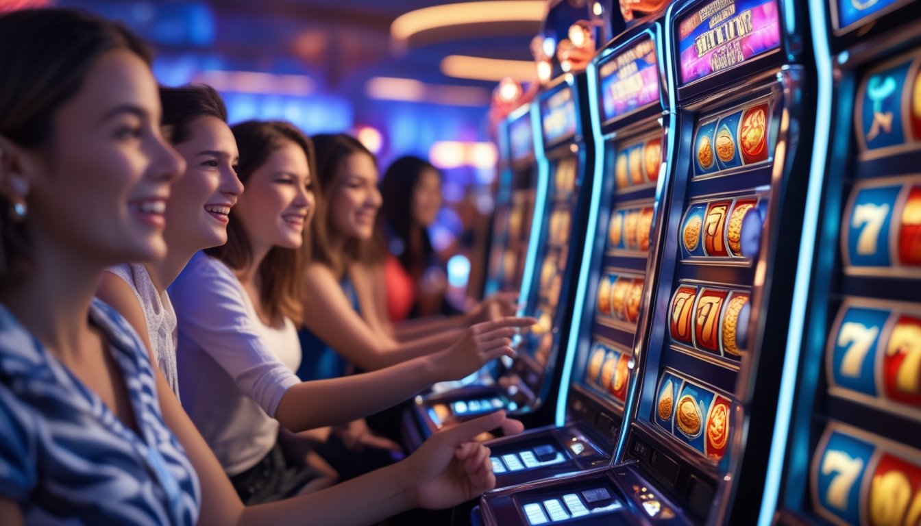 Beberapa mesin slot berwarna-warni dengan simbol klasik sedang berputar di dalam kasino yang ramai dengan pemain yang antusias.
