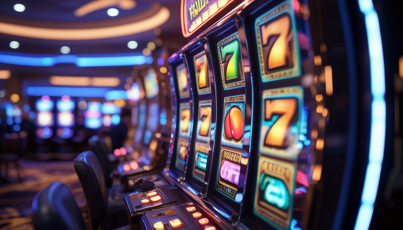 Mesin slot bergaya Vegas dengan lampu berwarna cerah dan gulungan yang berputar di latar kasino yang ramai.