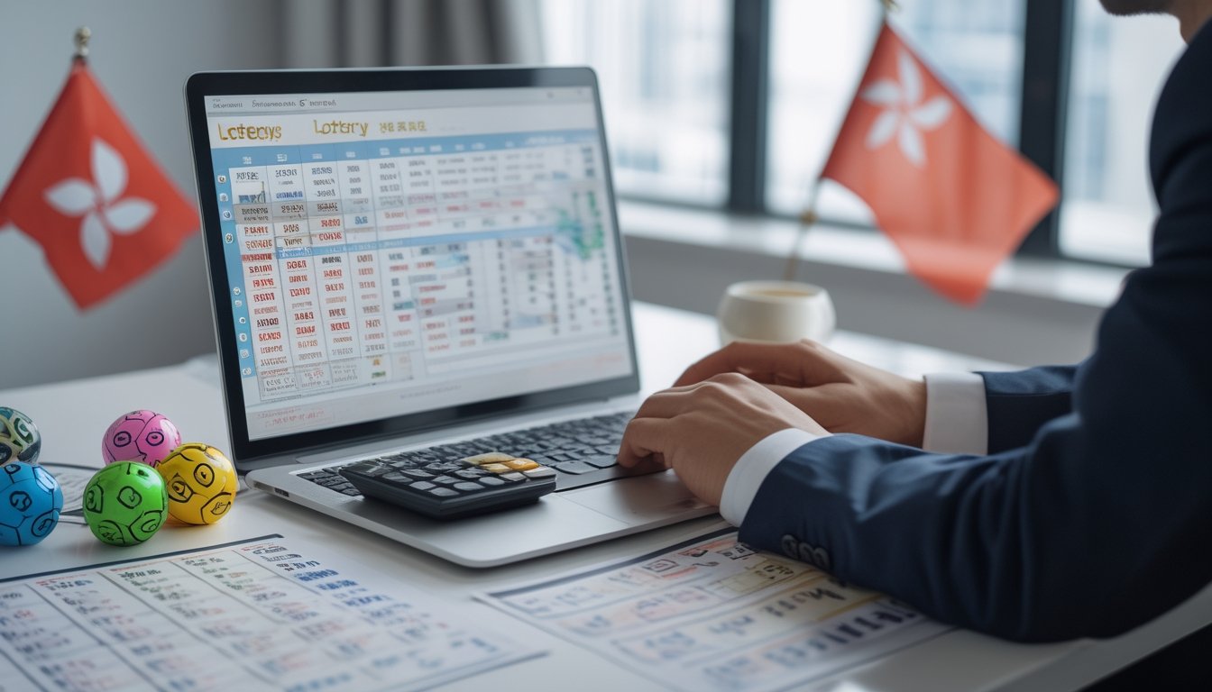 Seseorang sedang menganalisis hasil togel dengan laptop, bola togel bernomor, dan grafik angka di meja kerja.