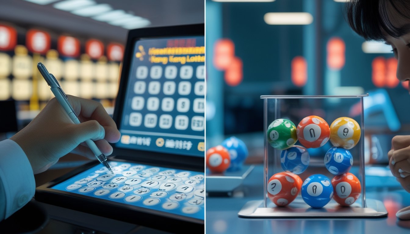 Dua bagian gambar yang menunjukkan perbedaan mekanisme angka antara togel Hongkong dan Colok Macau dengan tampilan papan angka dan bola togel serta tangan yang menandai tiket.
