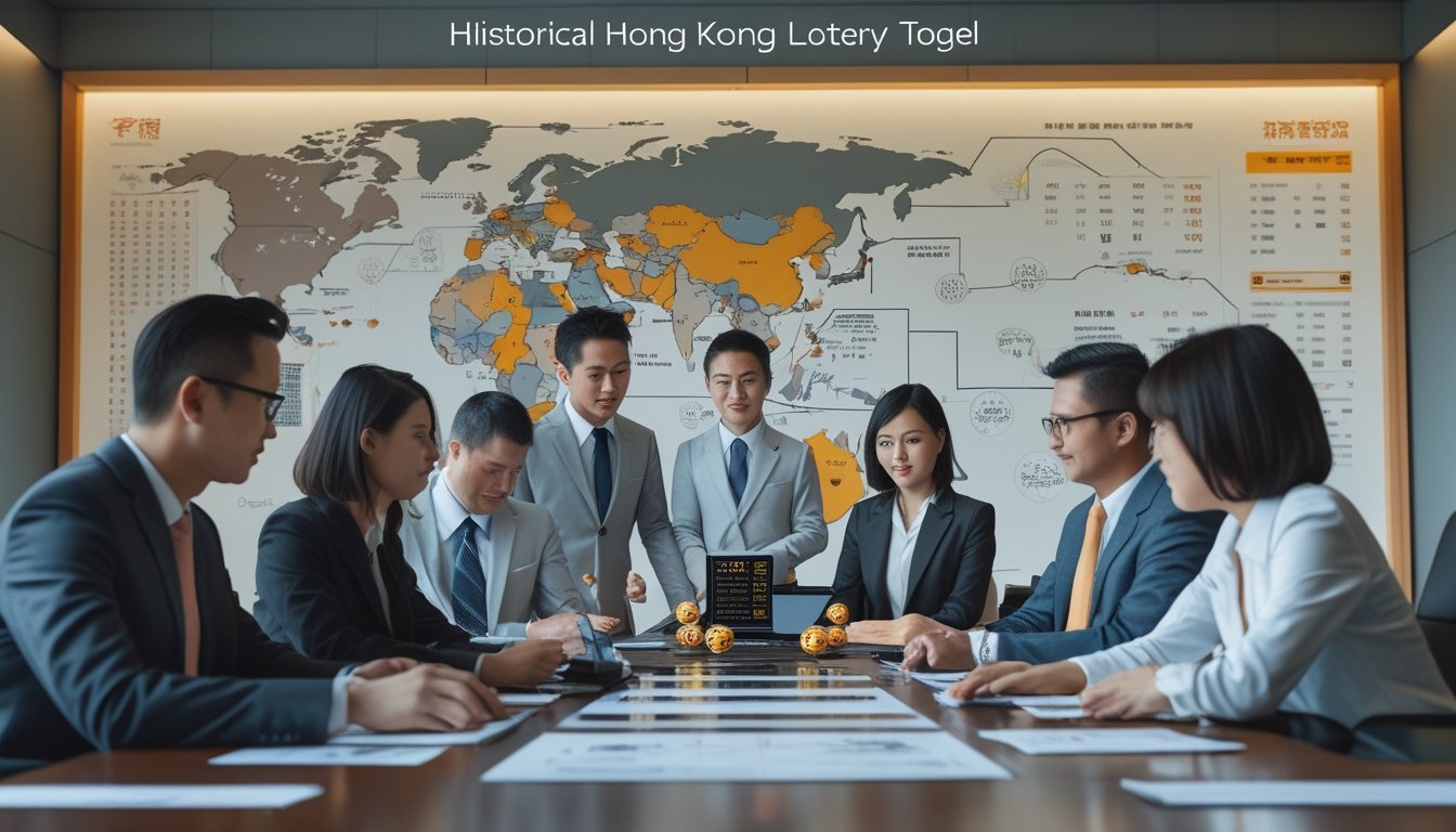 Sekelompok profesional Asia sedang berdiskusi di ruang kantor dengan peta Asia di dinding yang menyoroti Hong Kong, meja dengan dokumen dan perangkat digital terkait lotere.