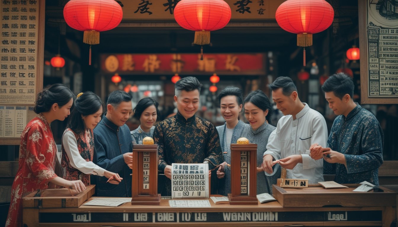 Suasana pasar tradisional Asia dengan orang-orang yang membeli tiket togel dan alat undian lama, latar belakang menampilkan arsitektur khas Tiongkok dan lampion merah.