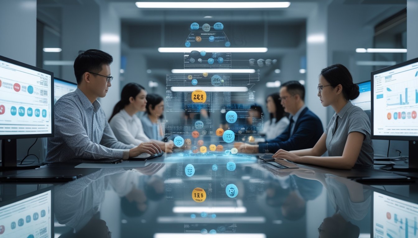 Sekelompok orang sedang menganalisis data dan grafik di ruang kantor modern dengan tampilan digital bola lotere dan angka mengambang di atas meja kaca.