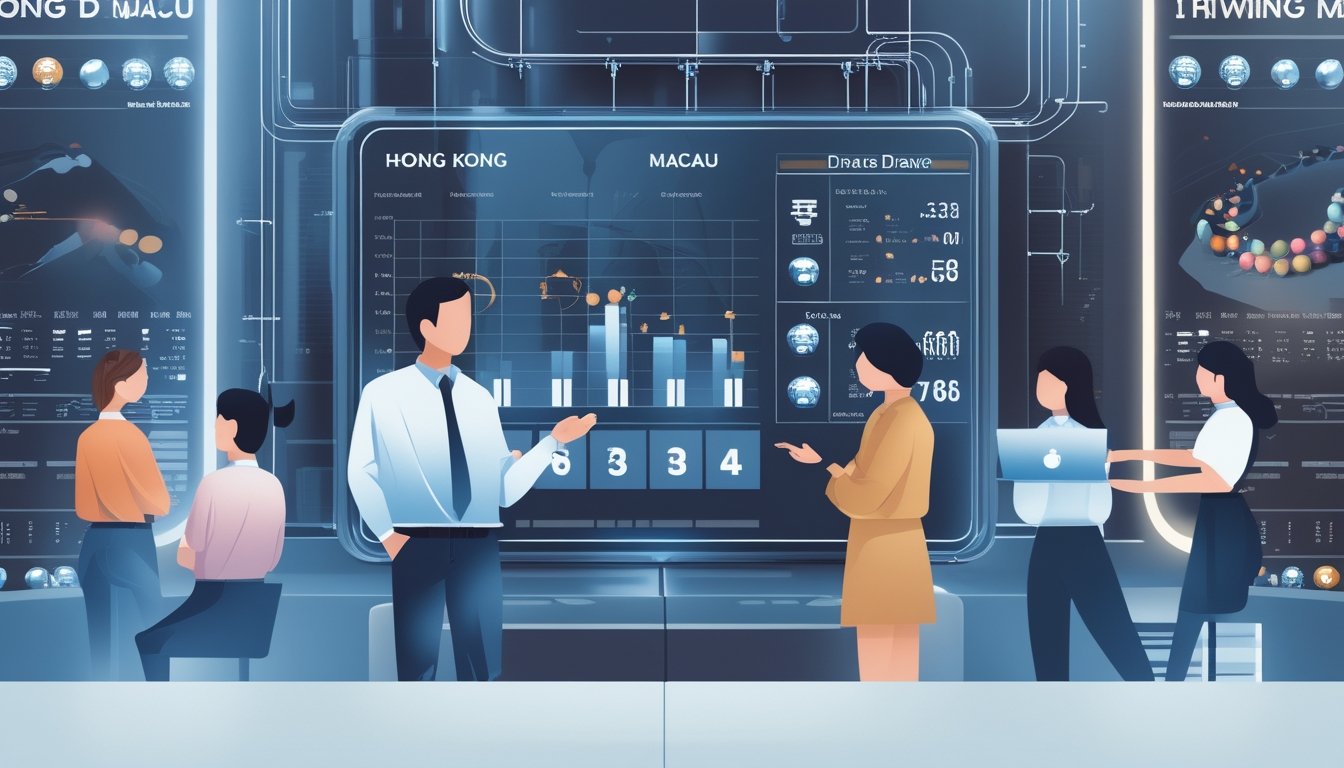 Sekelompok profesional sedang menganalisis data dan grafik terkait sistem pengundian togel di sebuah kantor modern.