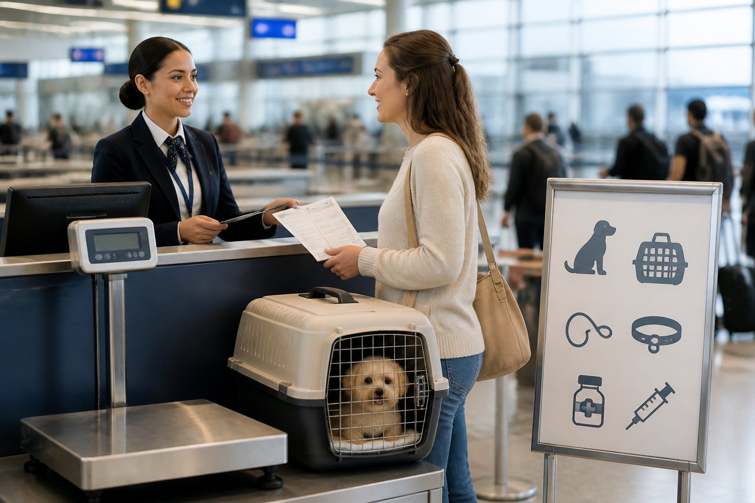 Airline staff assisting a traveler with a small dog in a pet carrier at an airport check-in area.