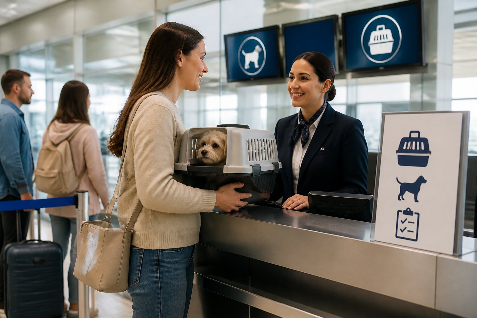 Traveler holding a small dog in a pet carrier being assisted by an airline staff member at an airport check-in counter.