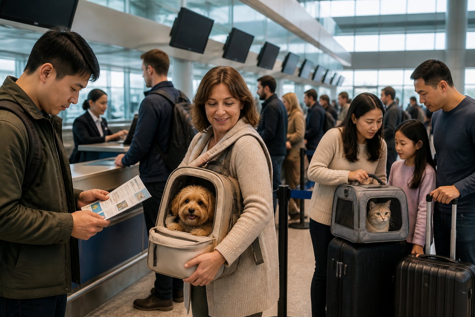 Travelers at an airport terminal with a woman holding a small dog in a pet carrier and others preparing to check in with pets.