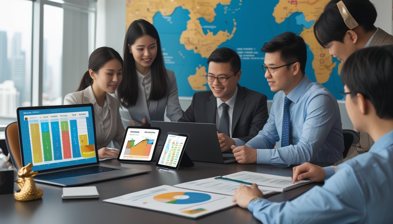 Beberapa profesional sedang menganalisis data lotere Hong Kong dan Macau di sebuah meja kerja dengan perangkat digital dan dokumen.