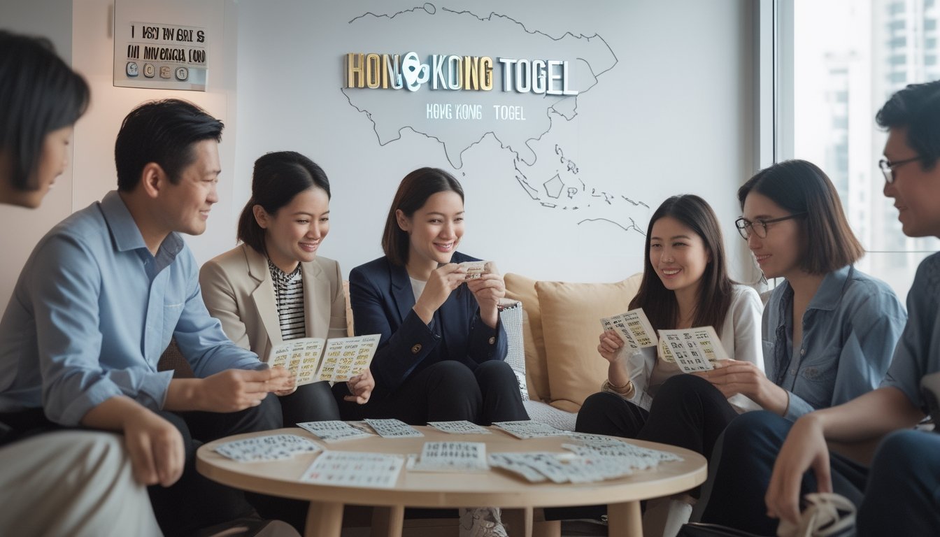 Sekelompok orang Asia sedang berdiskusi dengan tiket togel dan perangkat digital di ruangan yang nyaman dengan peta Asia di latar belakang.
