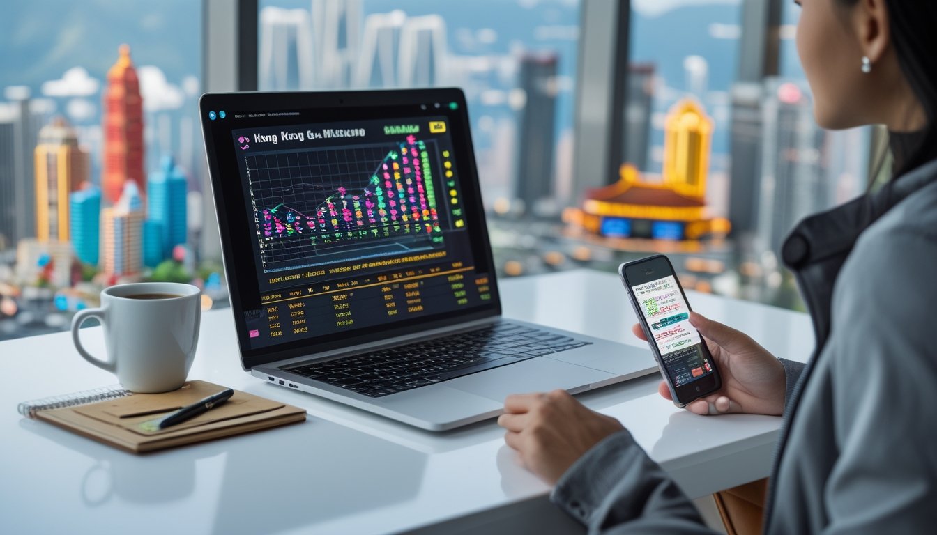 Meja kerja modern dengan laptop menampilkan grafik dan angka terkait lotere, latar belakang menampilkan landmark Hong Kong dan kasino Macau, suasana terang dan rapi.