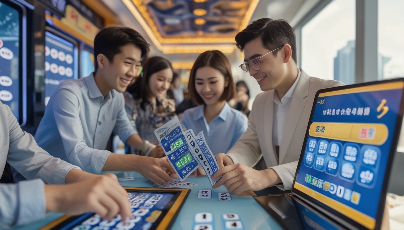 Orang-orang di kota Asia yang sibuk sedang melihat tiket lotere dan perangkat digital dengan latar belakang pemandangan kota Hong Kong dan Macau.