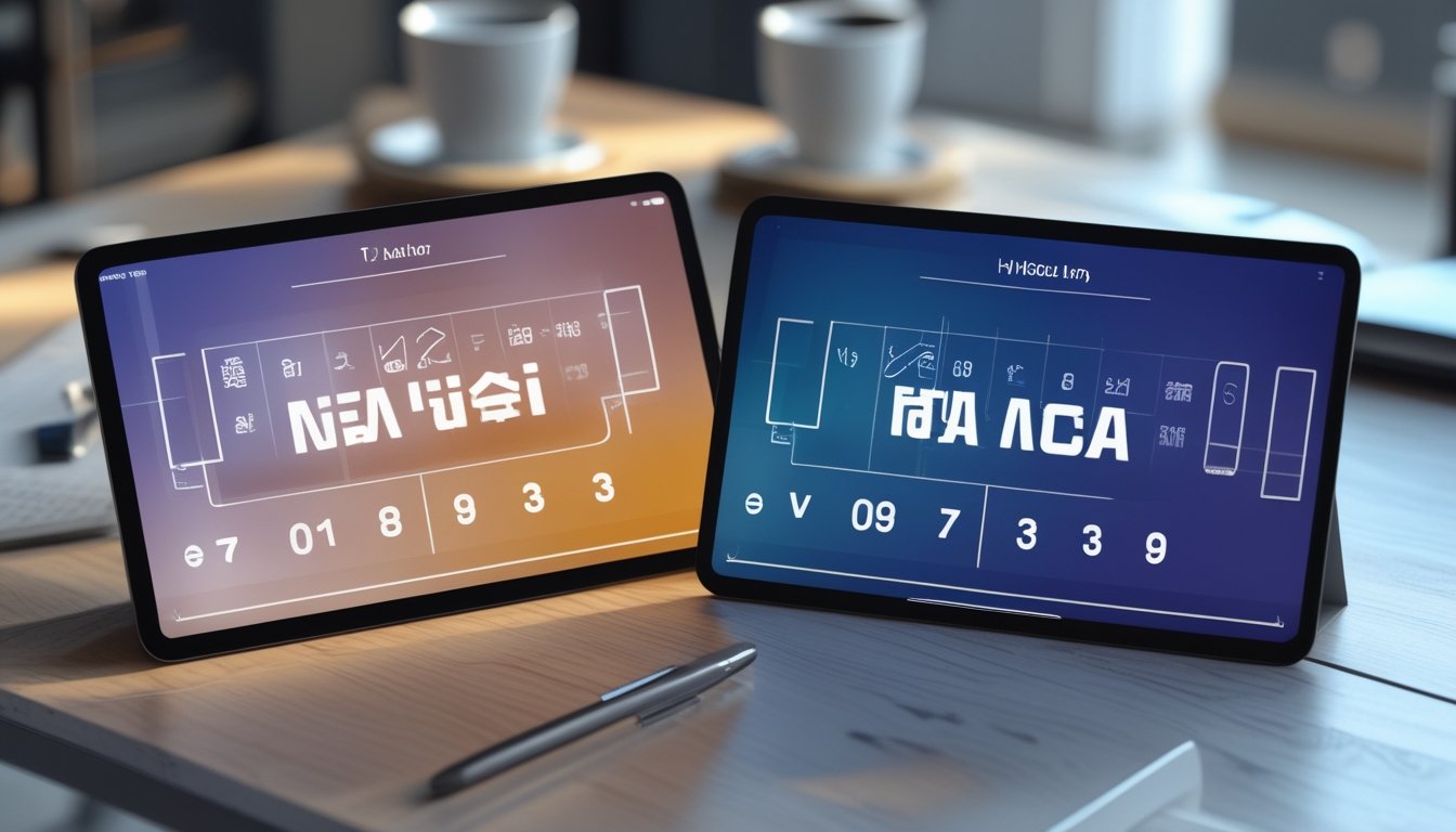Dua perangkat digital berdampingan di atas meja kayu menampilkan data angka togel dengan gaya berbeda, di latar belakang terdapat cangkir kopi dan alat tulis.