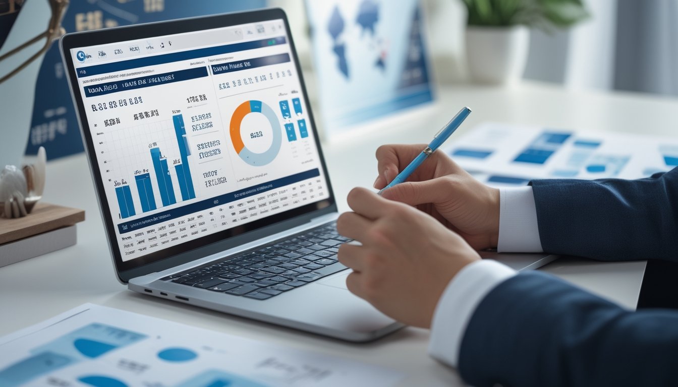 Seseorang sedang menganalisis data angka di meja kerja dengan laptop dan dokumen di sekitarnya.