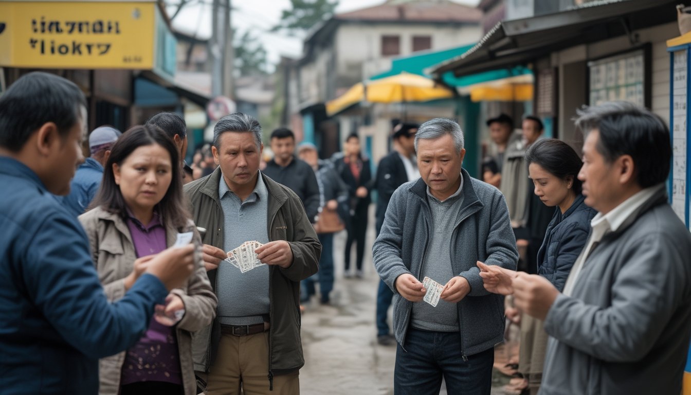 Sekelompok orang dewasa di lingkungan perkotaan yang sederhana, beberapa berbicara dengan ekspresi khawatir dan beberapa memegang tiket togel, menunjukkan interaksi sosial dan dampak permainan togel di masyarakat.