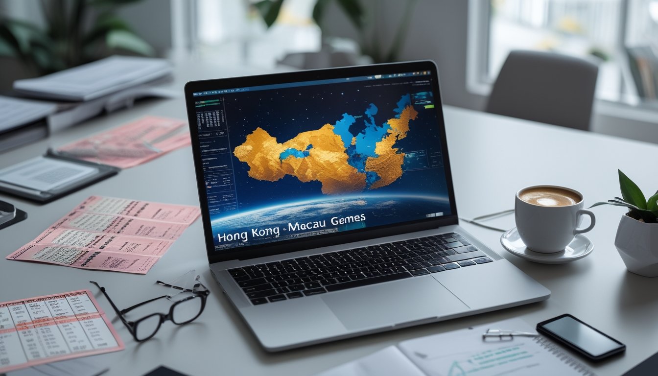 Meja kerja modern dengan laptop yang menampilkan peta digital Hong Kong dan Macau, dikelilingi oleh tiket lotere, grafik keuangan, dan ponsel yang menunjukkan hasil pencarian online.