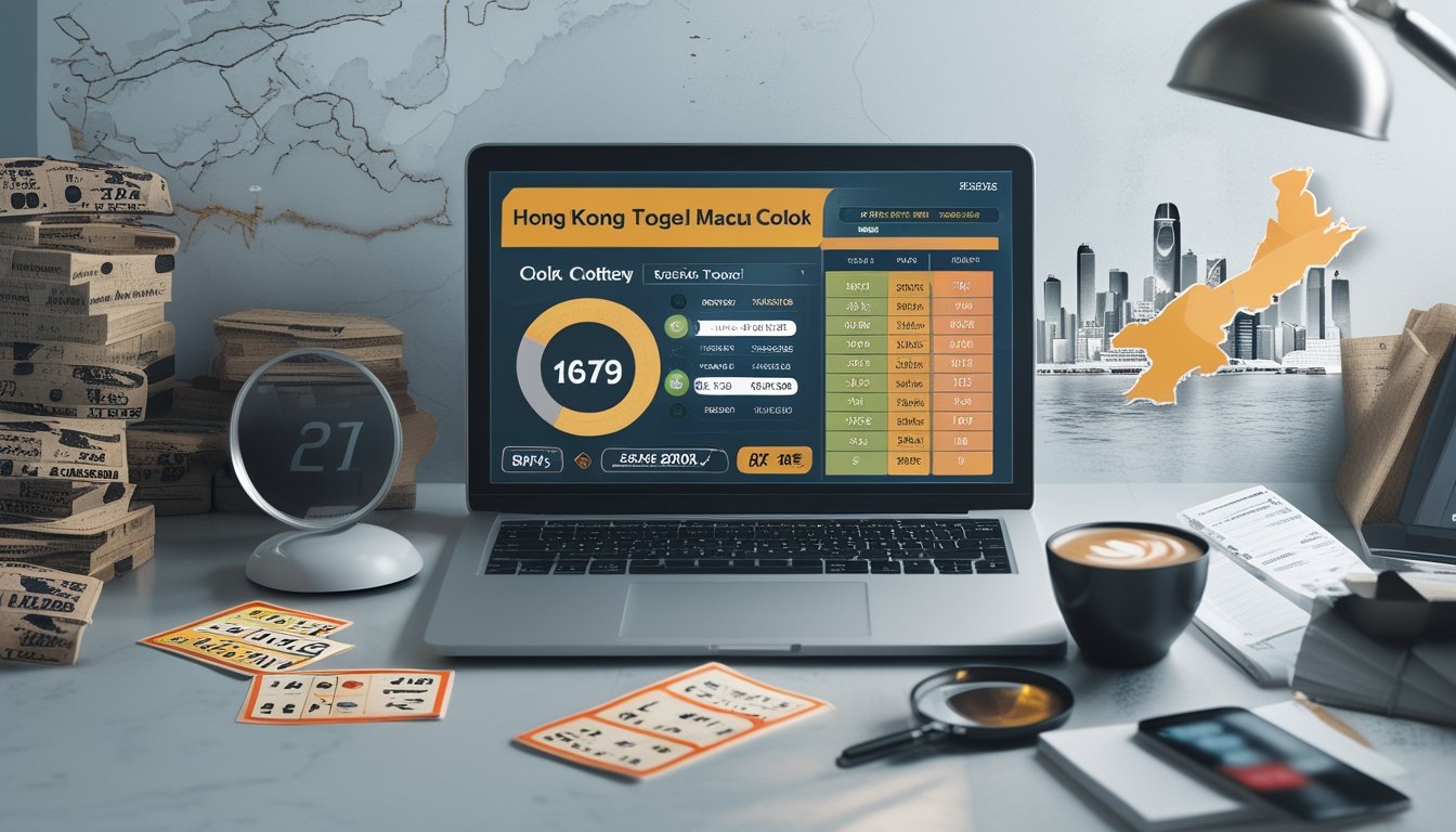 Meja kerja dengan laptop, tiket lotere, peta Hong Kong dan Macau, serta alat tulis di sekitar, menggambarkan penelitian tentang togel dan pencarian online.