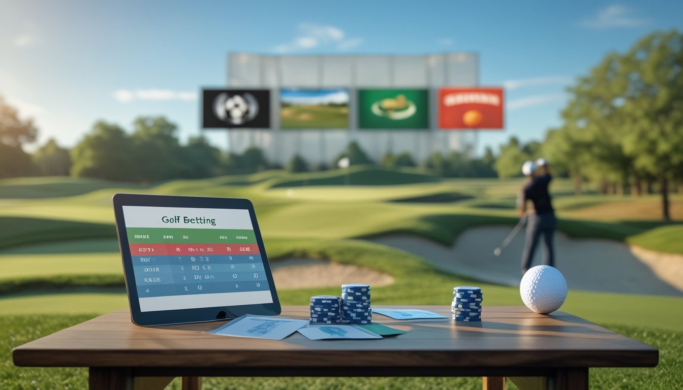 Seorang pegolf sedang mengayunkan tongkat golf di lapangan golf yang terawat dengan baik, dengan tablet digital dan alat taruhan di meja dekat tas golf.