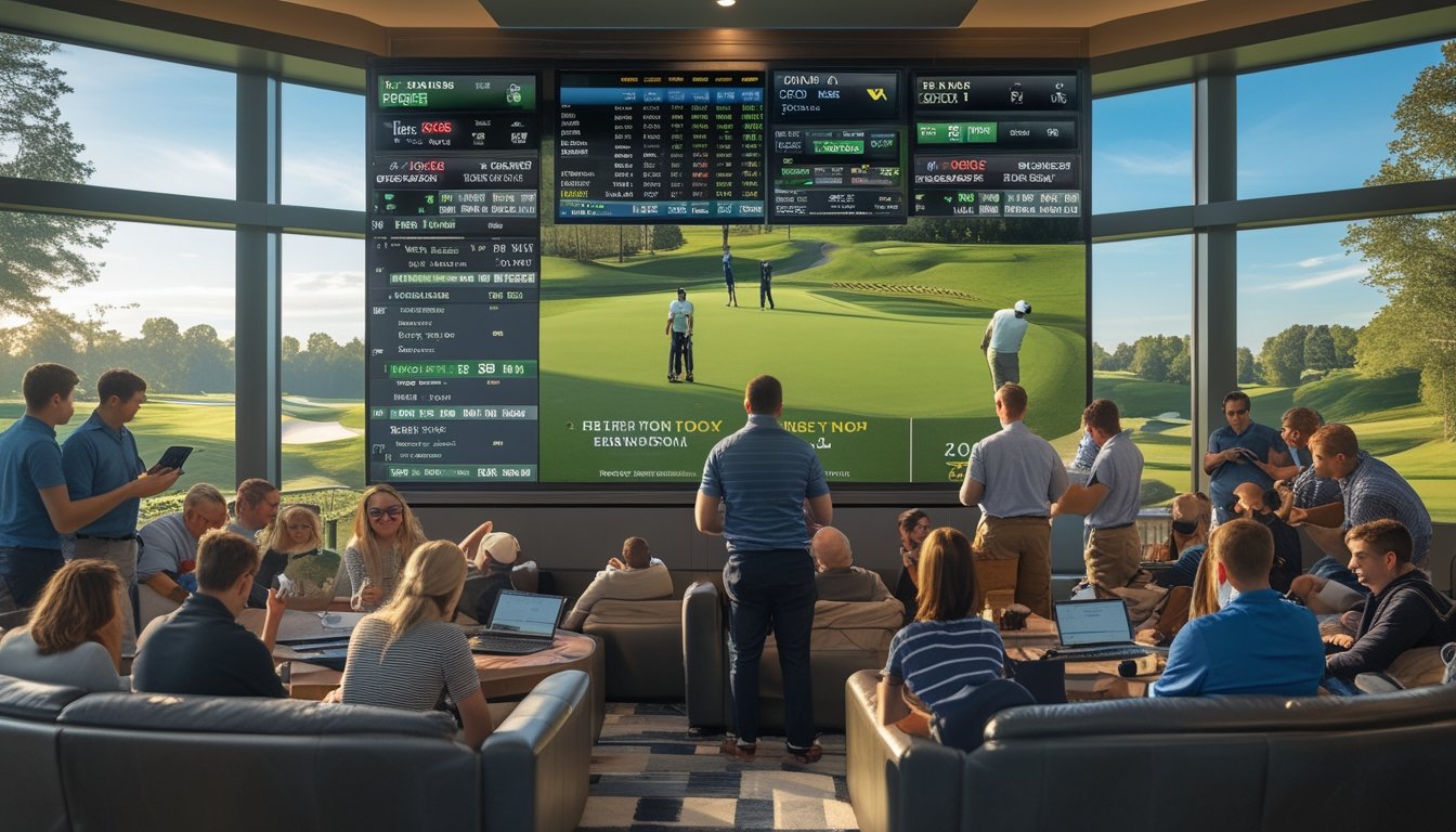 Sekelompok orang sedang melihat layar besar yang menampilkan data dan statistik turnamen golf di sebuah ruang taruhan olahraga yang modern dengan pemandangan lapangan golf di latar belakang.