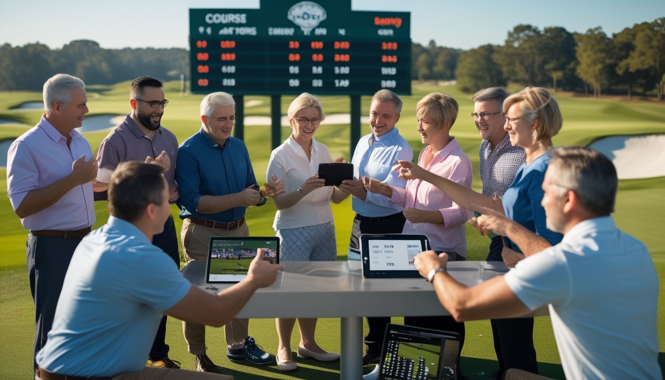 Sekelompok orang yang antusias melihat papan skor golf dan perangkat digital di lapangan golf hijau.