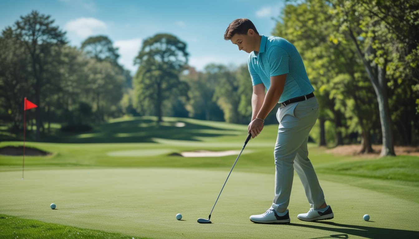 Seorang pemain golf pemula sedang bersiap melakukan ayunan di lapangan golf yang hijau dengan langit cerah.