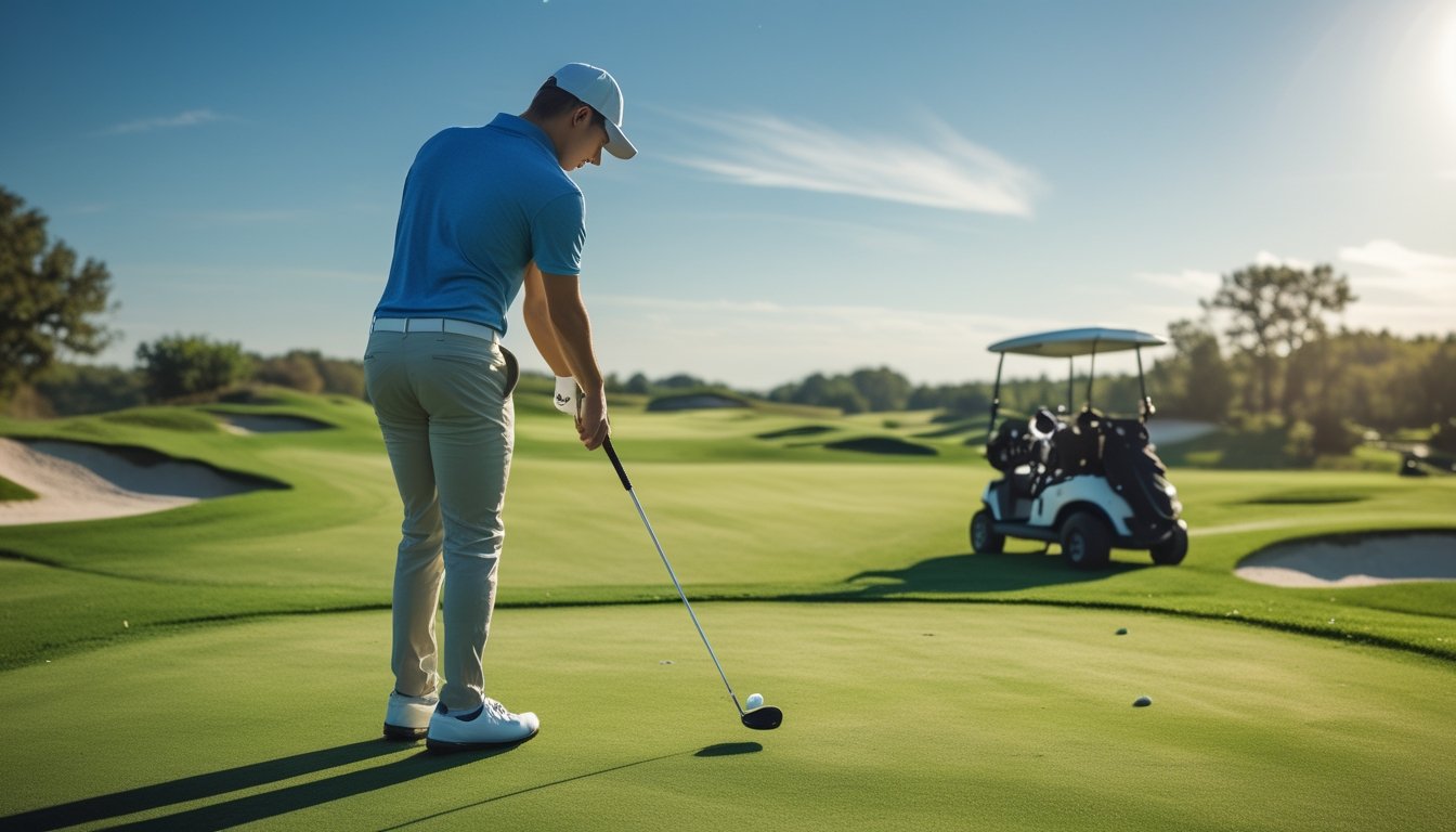 Seorang pemain golf pemula sedang bersiap memukul bola di lapangan golf hijau yang cerah dengan kereta golf dan tas golf di latar belakang.