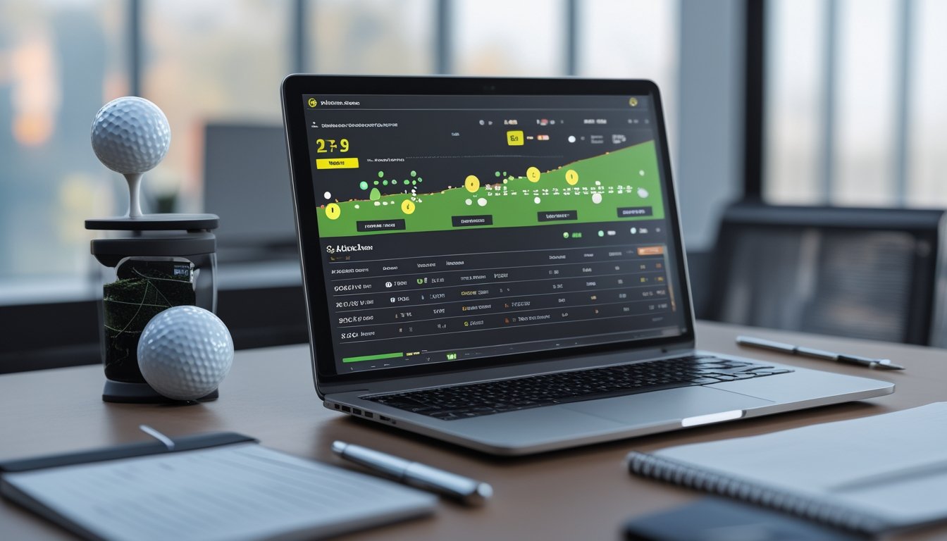 Seorang profesional sedang menggunakan laptop di meja kerja dengan alat golf di sekitarnya, menampilkan platform taruhan golf online dengan perubahan odds secara dinamis.