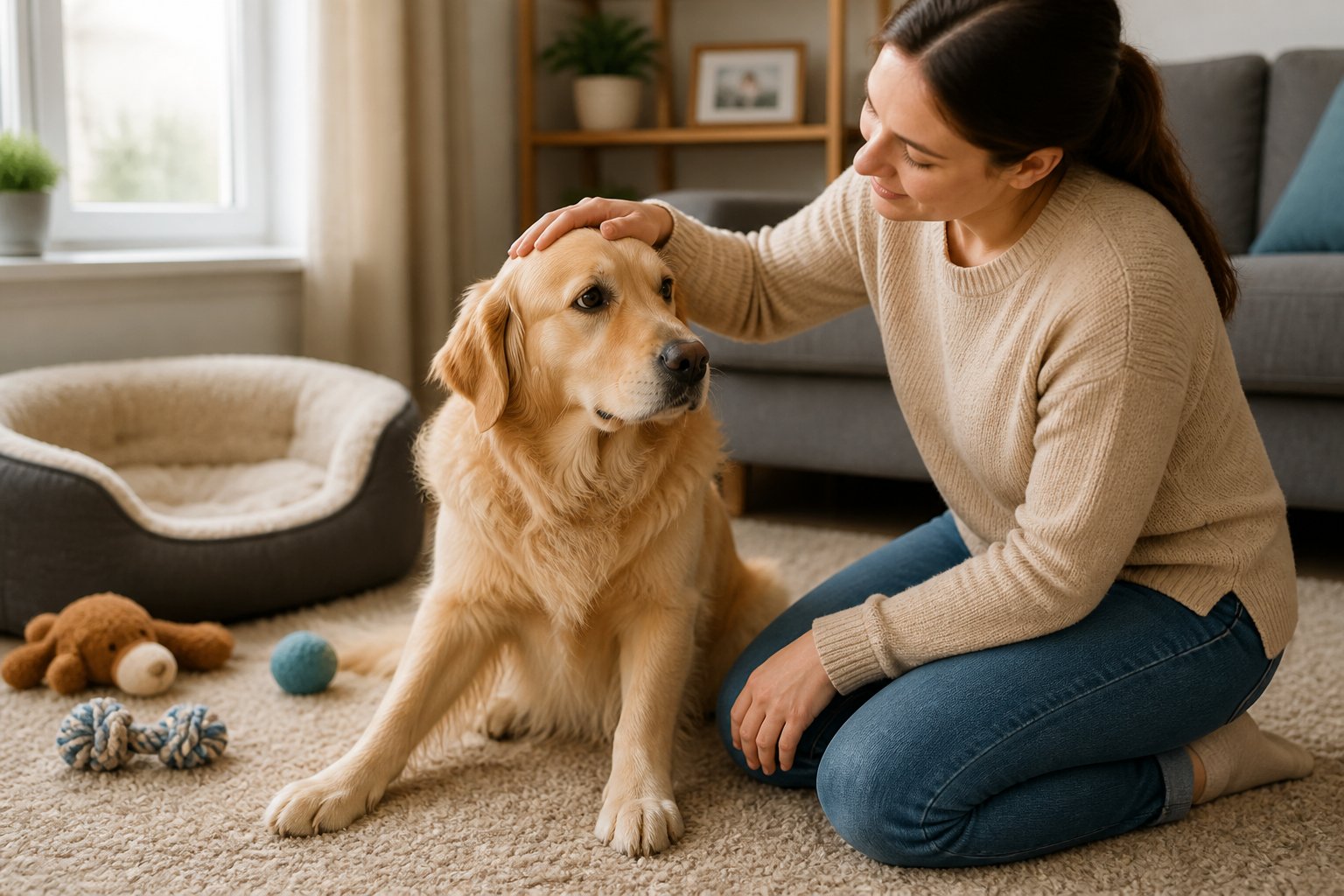 A person gently petting a calm dog sitting on the floor in a cozy living room.