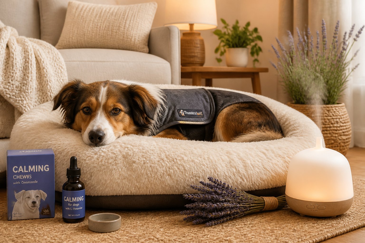 A calm dog resting on a soft bed in a cozy living room surrounded by calming tools and plants.