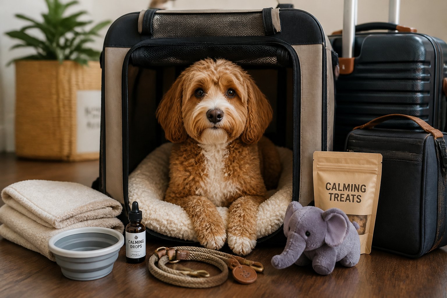 A calm dog sitting inside a cozy travel carrier surrounded by travel gear like a blanket, water bowl, leash, and toy.