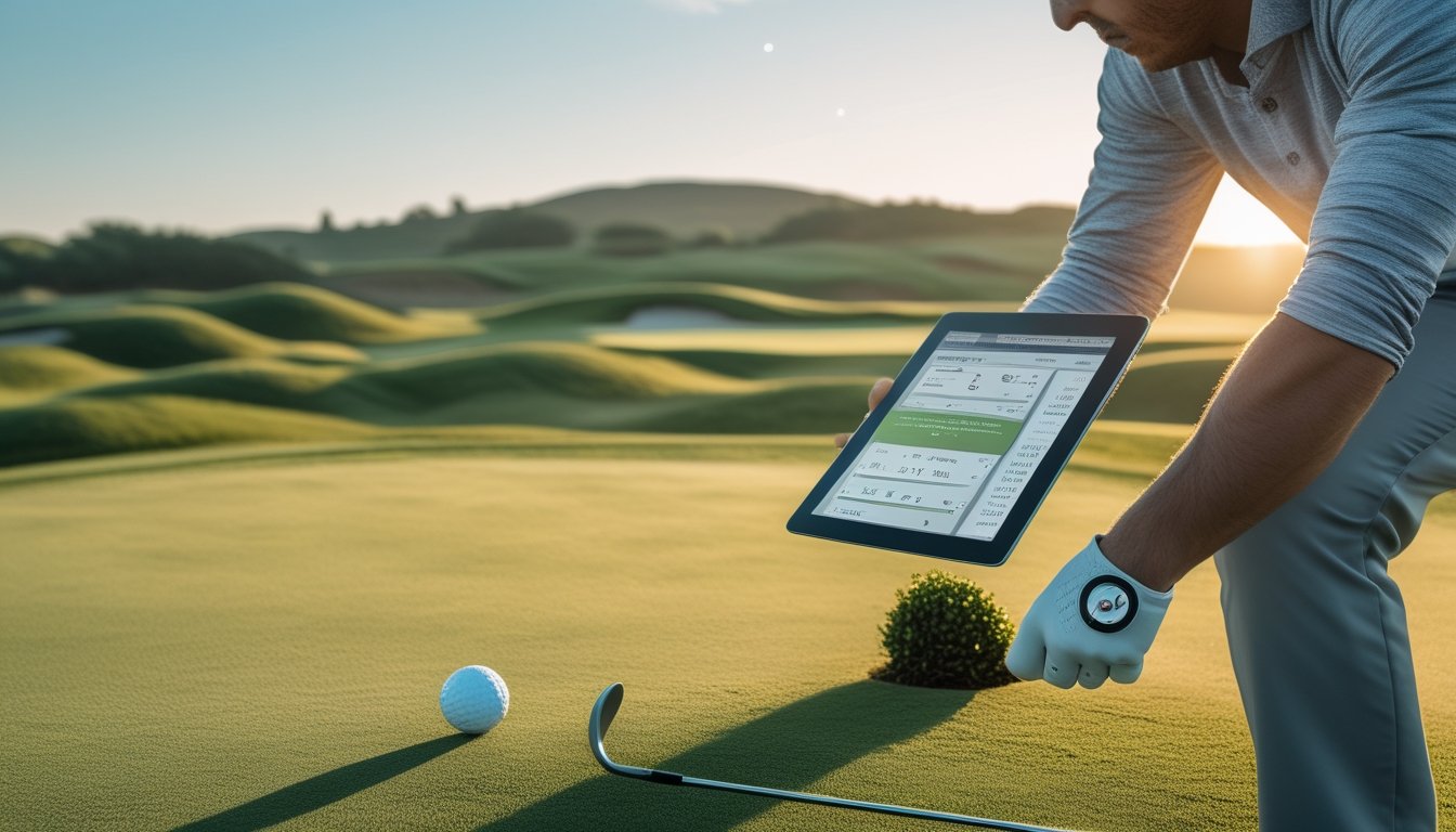 Seorang pegolf berpakaian rapi sedang menganalisis lapangan golf dengan bola golf dekat lubang di pagi hari.
