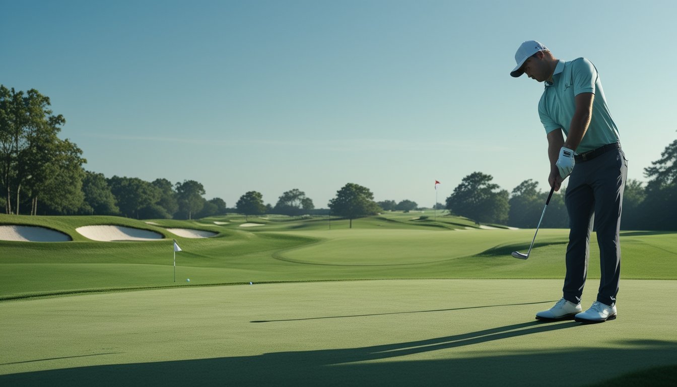 Seorang pemain golf sedang mengayunkan tongkat golf di lapangan golf yang hijau dan rapi pada hari cerah.
