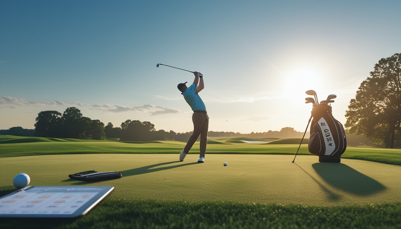 Seorang pegolf sedang melakukan ayunan di lapangan golf hijau dengan bola golf di tee dan alat elektronik di bangku dekatnya.