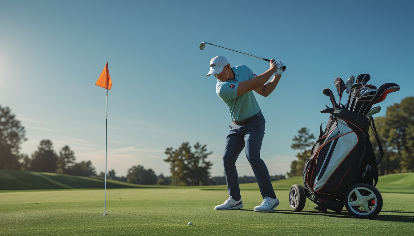 Seorang pegolf sedang mengayunkan tongkat golf di lapangan golf yang hijau dengan langit cerah dan pepohonan di latar belakang.