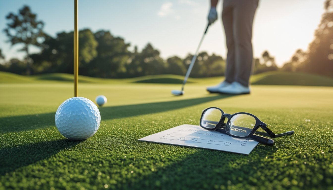 Lapangan golf dengan bola golf di rumput hijau dekat lubang, seorang pemain golf bersiap melakukan ayunan.