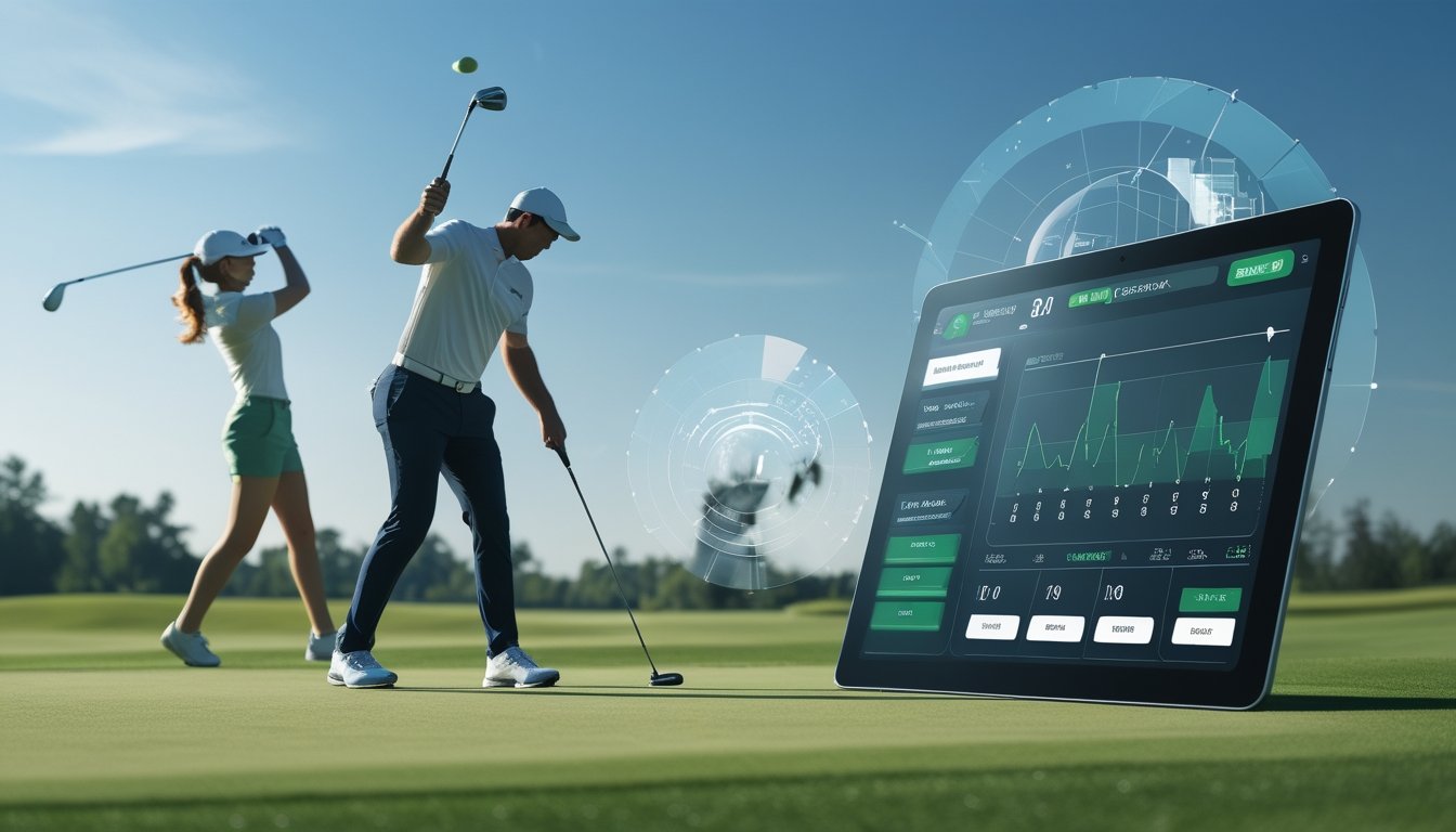 Dua pemain golf sedang bermain di lapangan hijau dengan perangkat digital menampilkan statistik dan peluang taruhan secara langsung.
