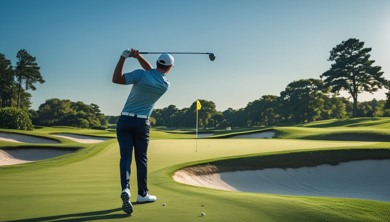Seorang pemain golf sedang melakukan ayunan di lapangan golf yang hijau dan terawat dengan langit biru cerah.