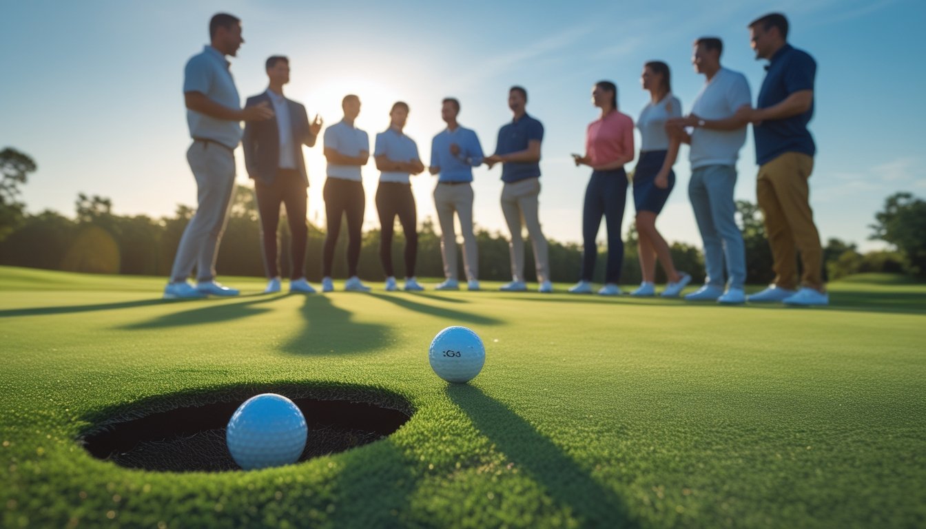 Lapangan golf yang hijau dengan bola golf di tee dan klub golf siap memukul, di latar belakang beberapa orang berdiskusi dengan serius.