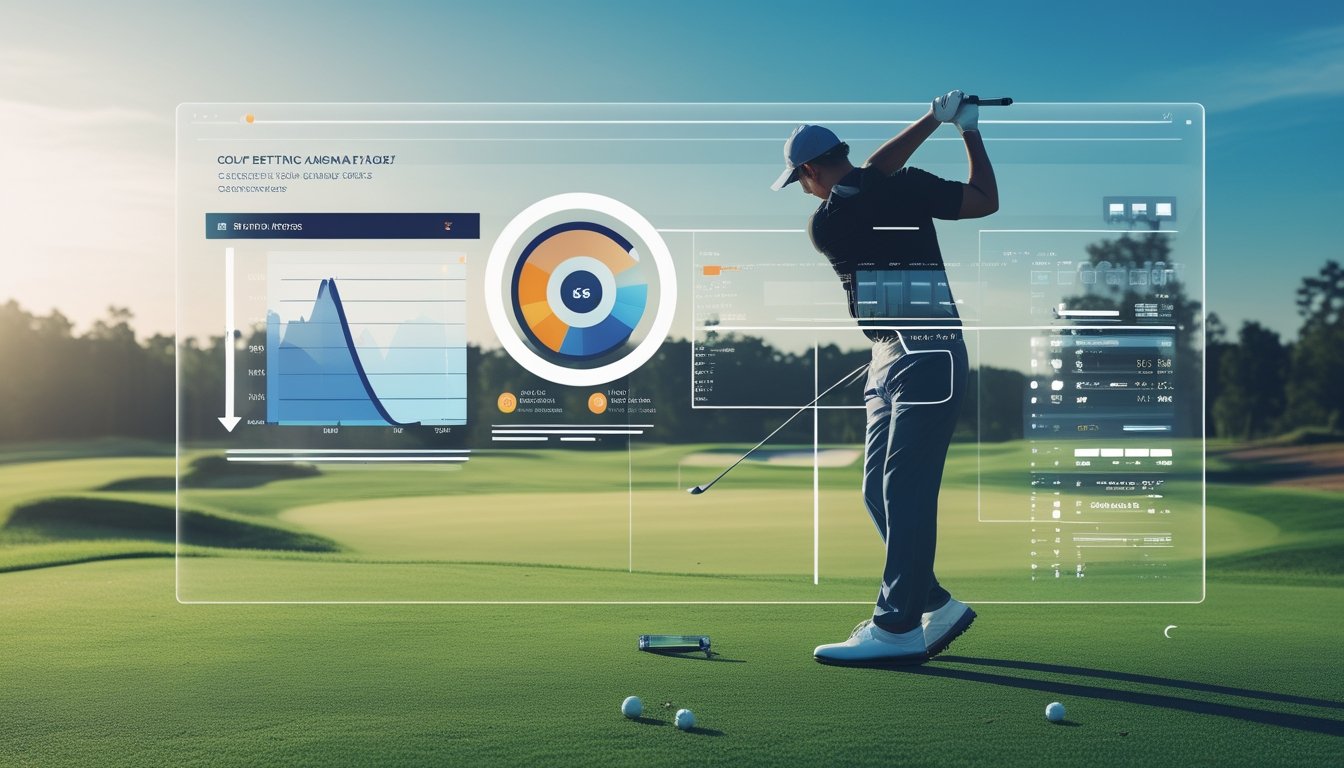 Seorang pegolf sedang mengayunkan tongkat golf di lapangan hijau dengan grafik data dan metrik performa pemain golf yang transparan terlihat di depan.