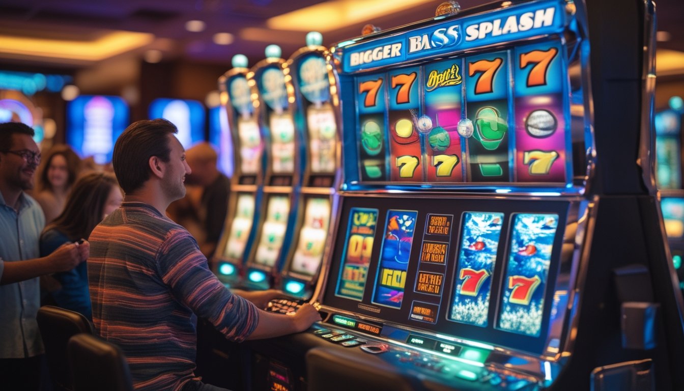 Dua mesin slot berdampingan dengan desain retro dan tema bawah laut, dikelilingi oleh orang-orang yang menikmati permainan di lantai kasino.