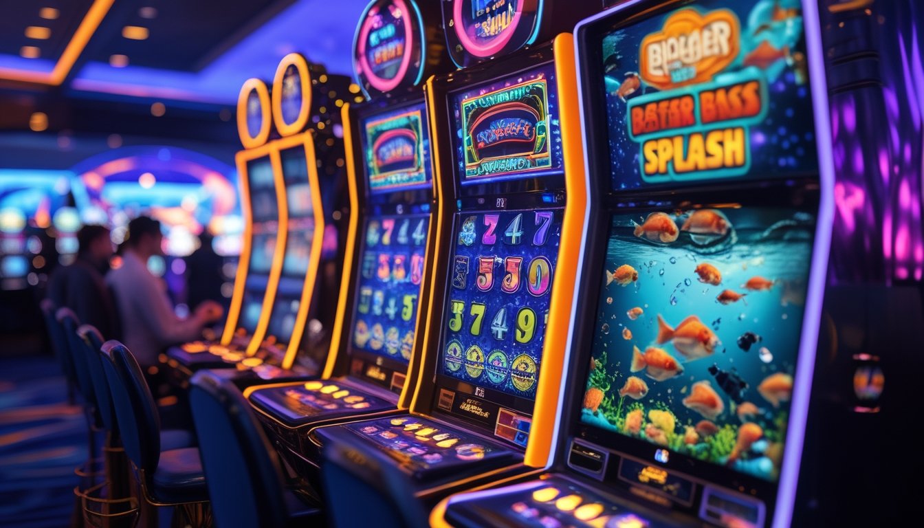 Dua mesin slot berdampingan di kasino, satu bergaya retro dengan lampu neon dan simbol klasik, satu lagi bertema bawah laut dengan ikan dan gelembung, dengan pemain di latar belakang.