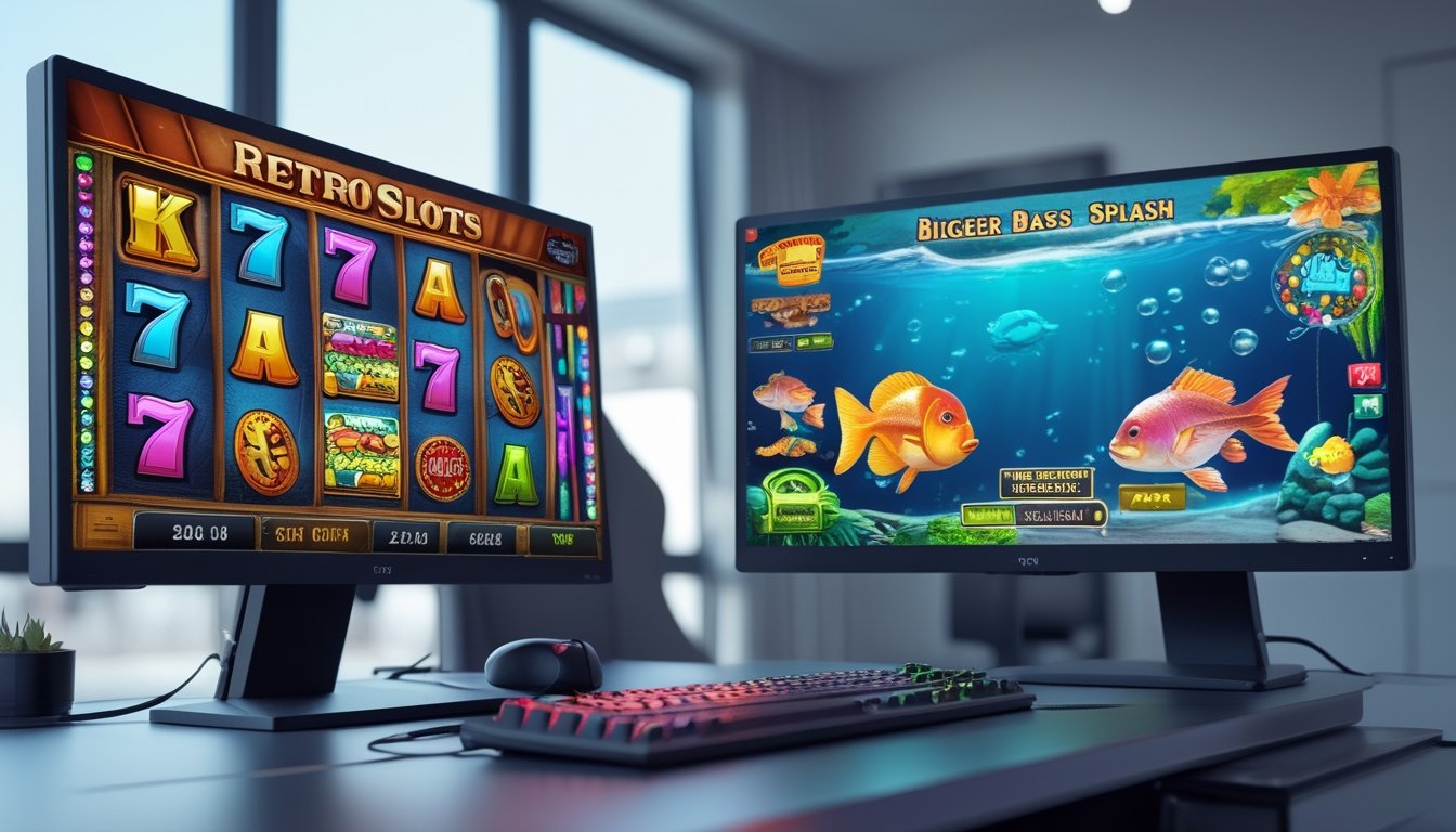 Sebuah ruangan dengan komputer menampilkan dua permainan slot online populer berdampingan, satu dengan tema klasik retro dan satu dengan tema ikan dan air.