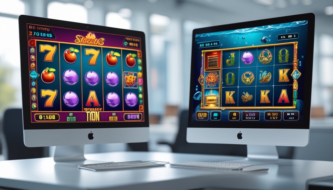 Dua layar komputer berdampingan menampilkan antarmuka game slot online dengan tema retro dan tema bawah laut.