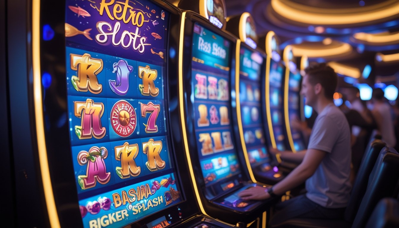 Suasana kasino dengan mesin slot berwarna-warni yang sedang berputar dan beberapa pemain yang terlihat antusias bermain.